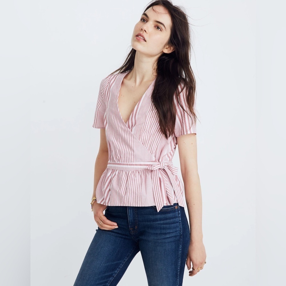 Madewell Wrap Top in Burgundy White Striped Short‎ Sleeve Blouse size XS